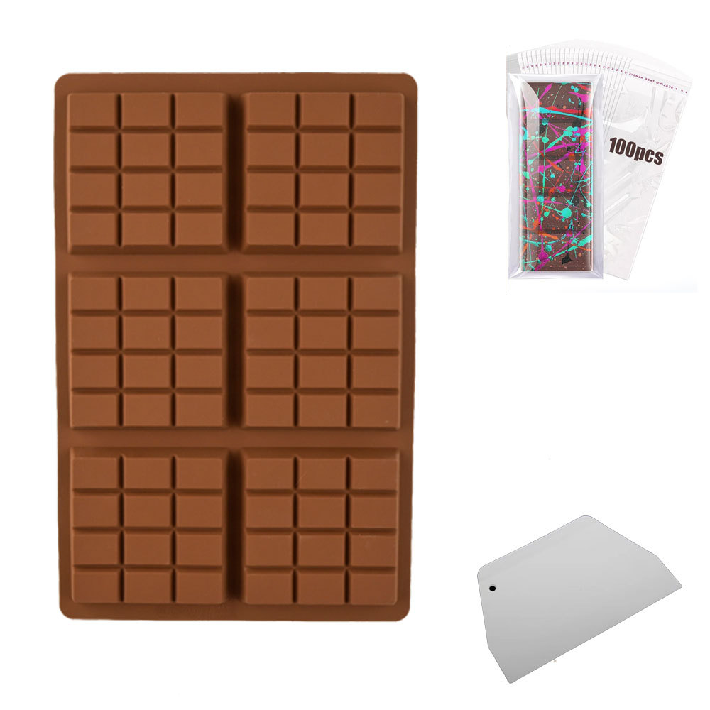 Stampo per tavoletta di cioccolato a 6 fori, stampo per tavoletta di cioccolato spesso riempito in silicone Knafeh Barra di cioccolato al pistacchio (10 bottoni) e sacchetti da 100 pezzi): nero