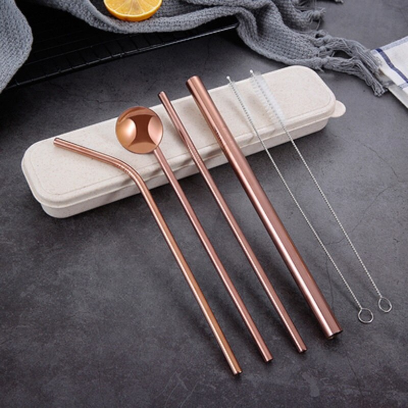 O metal reusável que bebe palhas de aço inoxidável resistente dobrou a palha reta das bebidas com acessório da festa da barra da escova da limpeza: Rose Gold