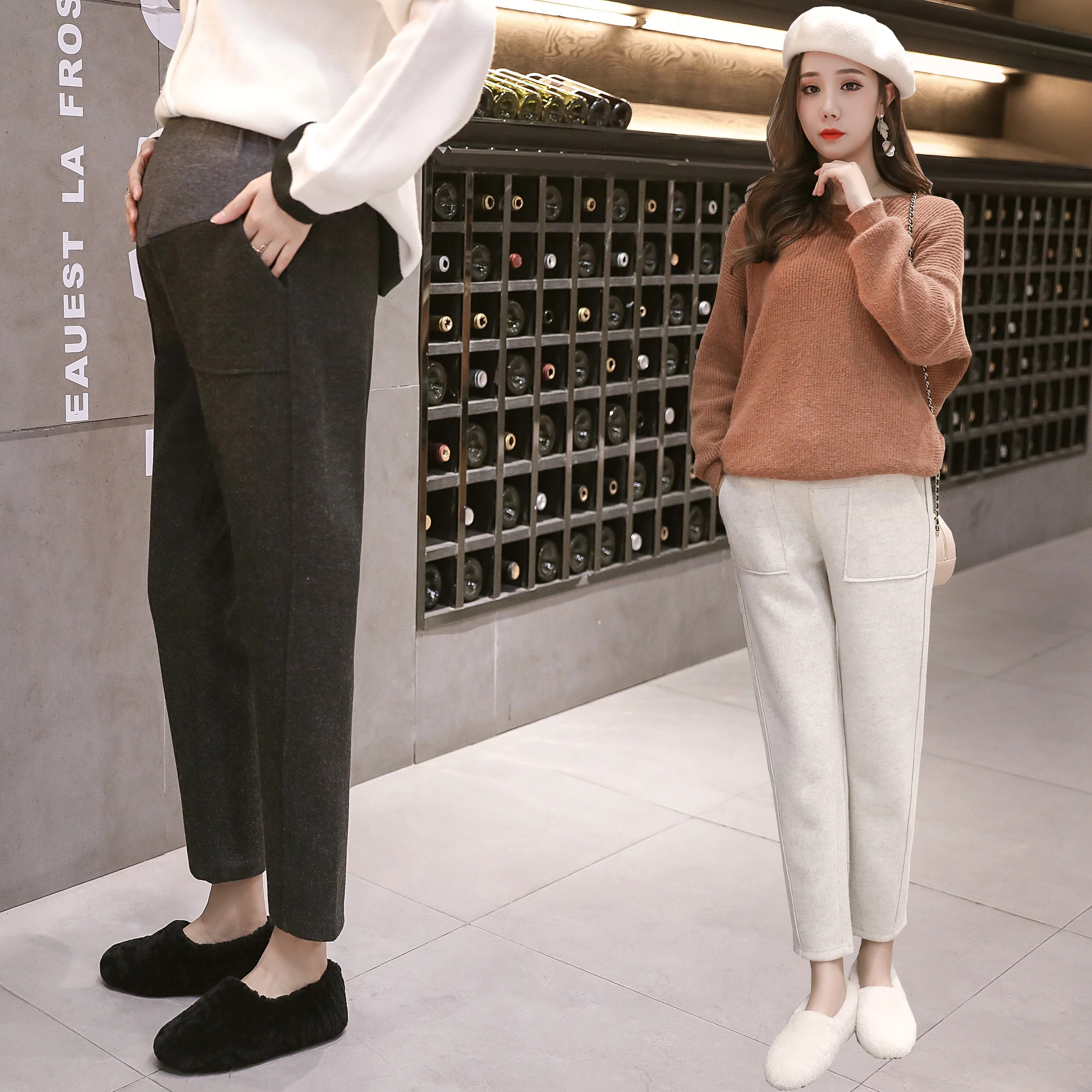 Autumn Winter Thicken Warm Woolen Maternity Pants Belly Straight Loose Pants Clothes for Pregnant Women Pregnancy Trousers