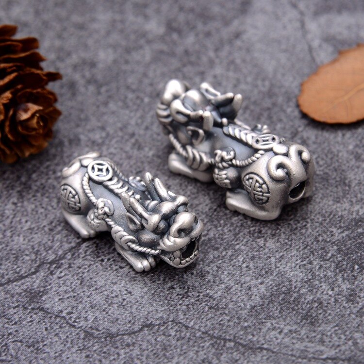 100% 3D 999 Silver Pixiu Beads Vintage Pure Silver Good Luck Fengshui Piyao Jewelry Beads Wealth Pixiu Beads DIY Bracelet