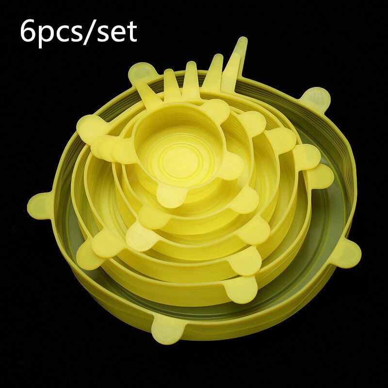 6 Stuks Siliconen Caps Stretch Deksels Universele Deksel Siliconen Kom Pot Deksel Siliconen Cover Pan Koken Voedsel Verse Aanpasbaar Siliconen cap: yellow