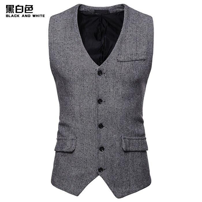 Vintage Bruin Tweed Pak Vest Mannen Mouwloze Visgraat Tweed Smoking Vest Mannen Business Bruiloft Vesten Xxl: black white / S
