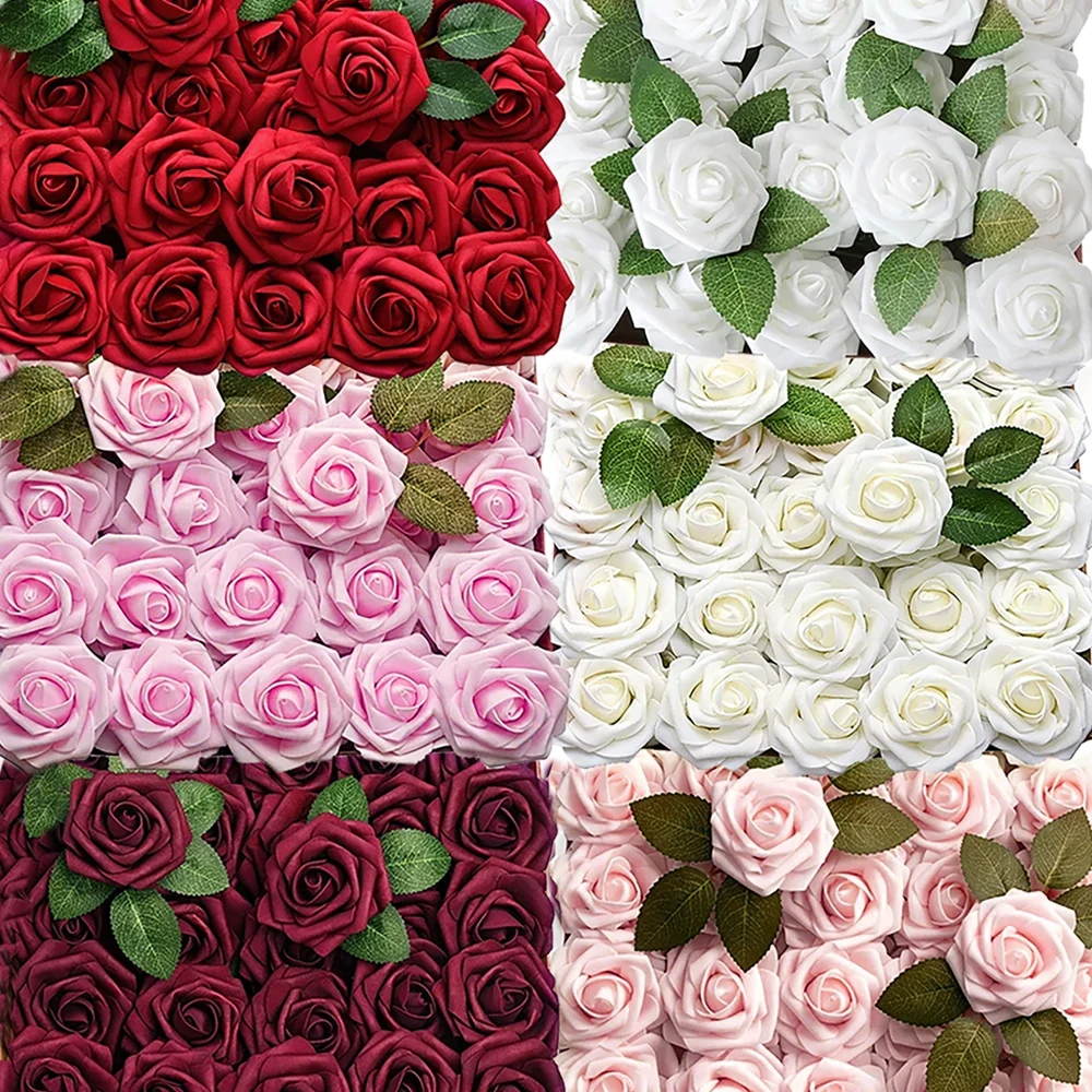 50/5 Uds. De rosas artificiales de espuma Multicolor, rosas falsas para bricolaje, ramos de de boda, arreglos de centros de mesa, decoraciones para el hogar