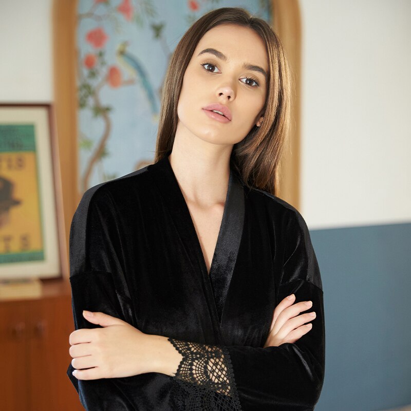 Długi jednokolorowy aksamitny szlafrok dla kobiet szata druhna szaty koronki wykończenia aksamitna szlafrok kimono suknia ślubna czarny aksamit winterrobe
