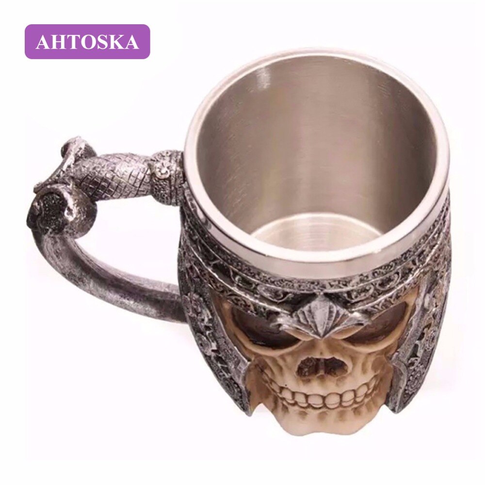 3D Café Lait Tasse Résine Crâne Tasse Chope Frappant Guerrier de Crâne Chope Viking Crâne Chope de bière En Acier Inoxydable Verres