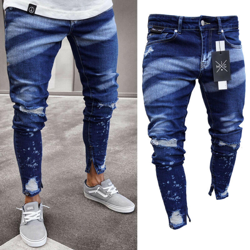 Mænds ripped skinny distressed destroyed slim fit stretch biker jeans bukser med huller jeans slim fit denim bukser bukser