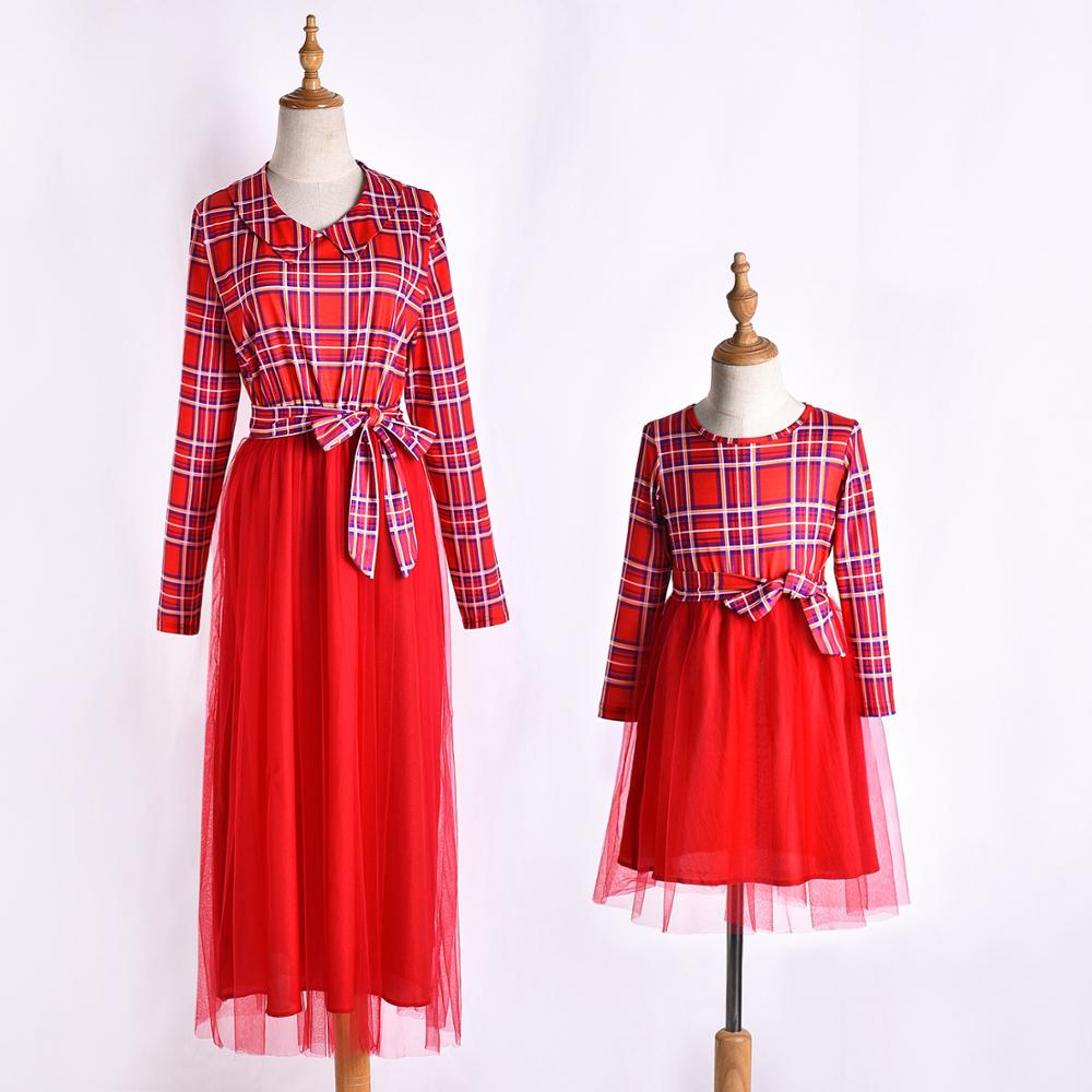 NASHAKAITE Mother Daughter Dresses Plaid Stitching Mesh Hem Long-sleeve Matching Dresses Autumn Winter Mommy and me clothes