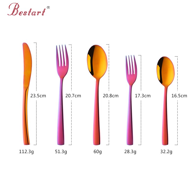 Mærke farvet rød bestik sæt service 18/10 rustfrit stål bøf kniv gaffel ske middag western food rainbow bestik sæt 5pc
