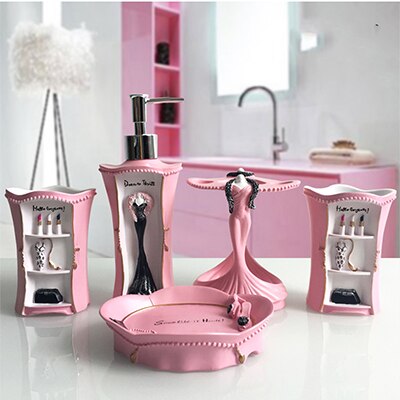 European-style Makeup Bathroom Toiletries Five-piece Kit Resin Bathroom Accessories Washing Set Wedding Decoration: pink