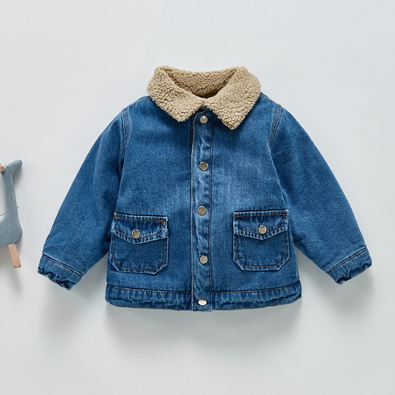 Winter Jas Voor Baby Meisjes Jongens Turn-Down Kraag Fleece Warm Denim Jacket Lange Mouwen Dikke Uitloper Warm kleding E1409