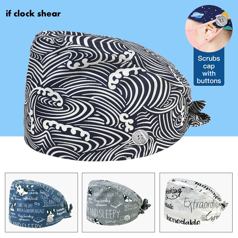 Cartoon print gezondheidscontrole werkmutsen met zweetabsorberende scrubs damesmutsen met knoop katoenen scrubmutsen voor dierenwinkels
