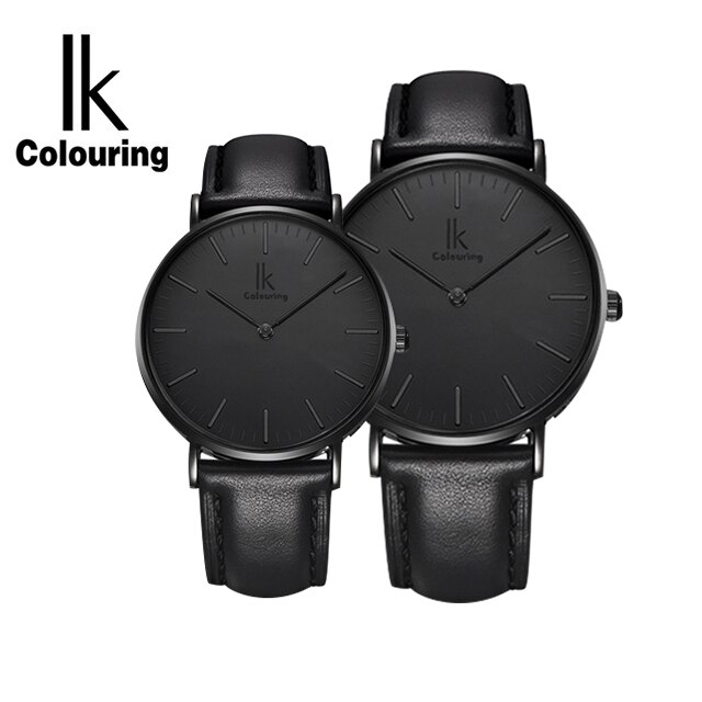 IK Colouring-relojes de cuero para parejas, reloj de pulsera de cuarzo, para parejas, unisex,: Black Black