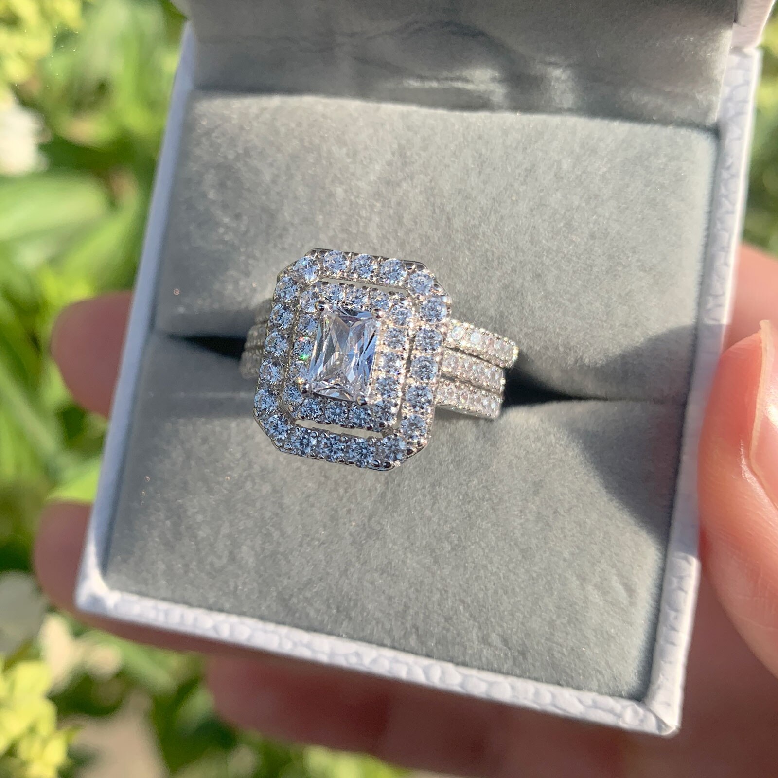 Newshe 2 Pieces 925 Sterling Silver Engagement Wedding Rings Sets For Women Double Halo Rectangle AAAAA CZ Gorgeous Jewelry