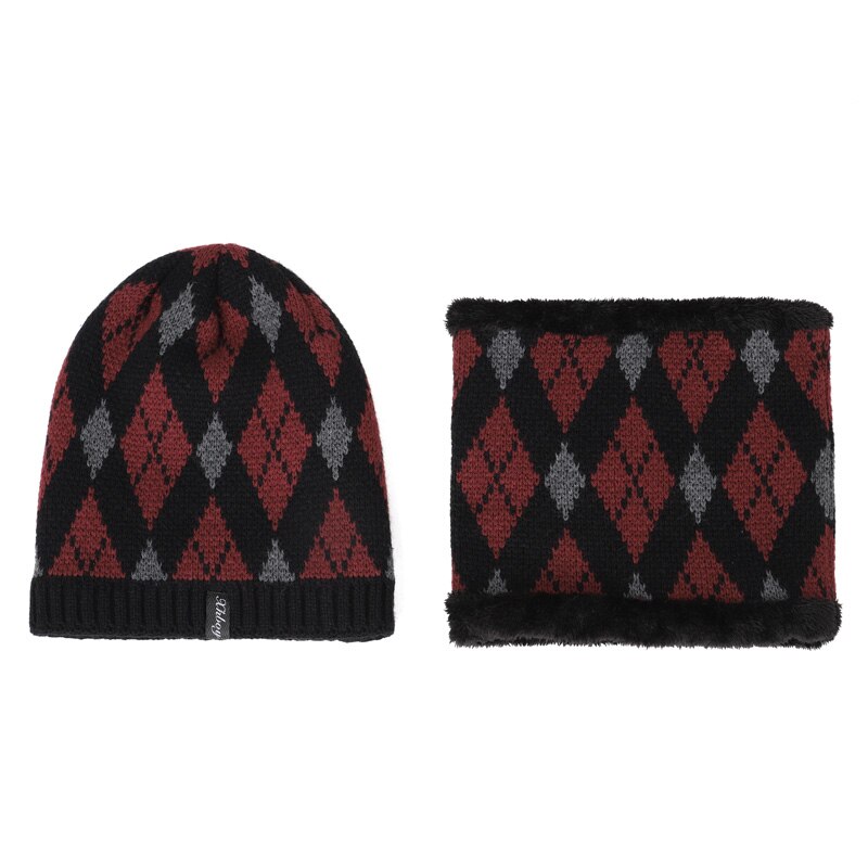 Winter Warm Pak Hoeden Sjaal 2 Stuk Fluwelen Katoenen Mannen Beanie Hat Unisex Ring Bib Skullcap Hedging Caps klassieke Plaid: Wine