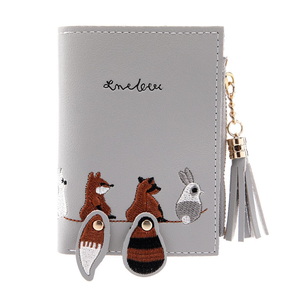 Damen-geldbörse mit fuchs- und katzenmotiv, kurze geldbörse mit quaste, münzfach, kartenhalter, handtasche, rosa, grün, schwarz, grau, damen-geldbörsen und -portemonnaies, carteira  #t20: Grau 