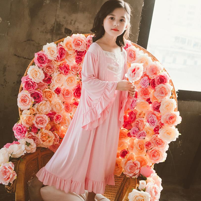 100% de algodón para niñas, vestido para dormir de princesa con retazos de encaje y mangas acampanadas, para niños, primavera y otoño, nuevos productos homeclothes 4-14Y ws1392
