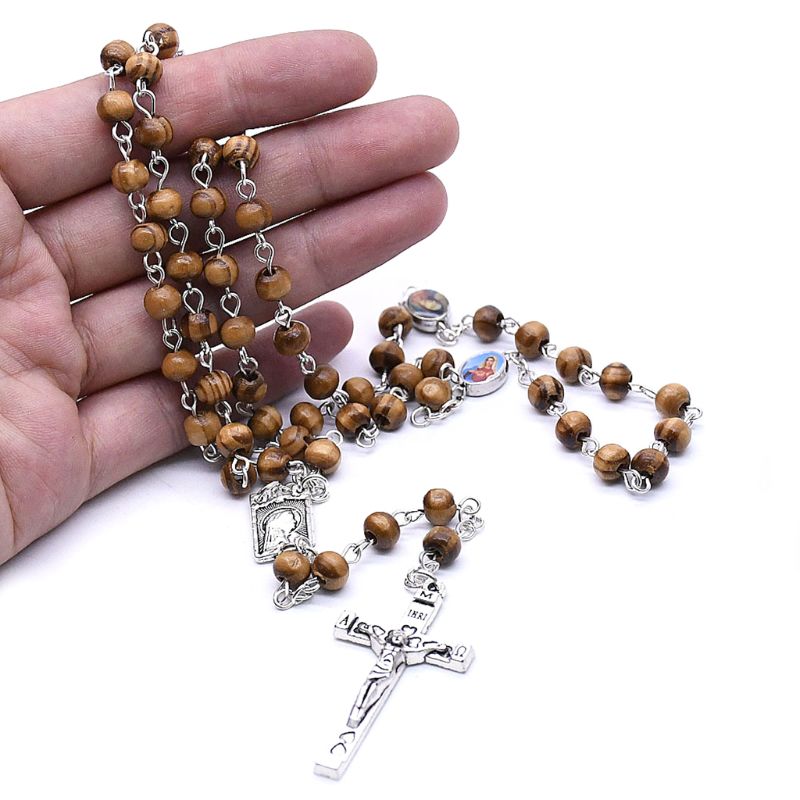 Handgemaakte Ronde Hout Rozenkrans Kralen Kruis Religieuze Jesus Ketting Christelijke Mannen Vrouwen Sieraden Charmes