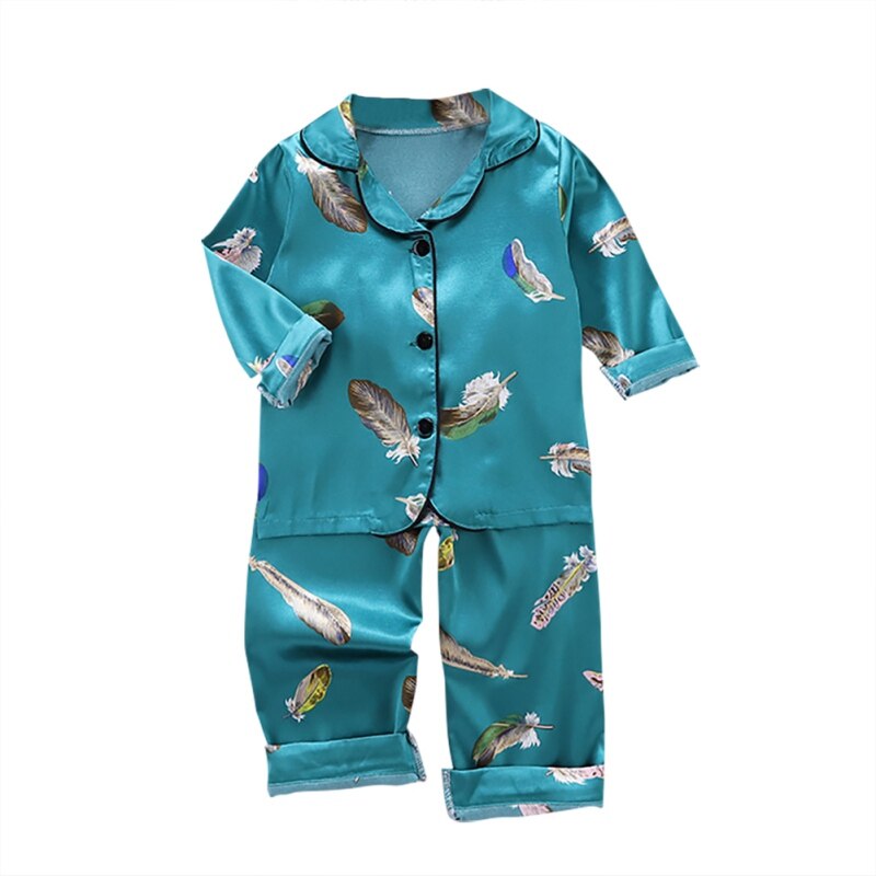 Style Children Cotton Long Sleeve Pajamas Suits Girls Boys Feather Print Sleepwear Set Blouse Tops Sleep Pants: L / 5T