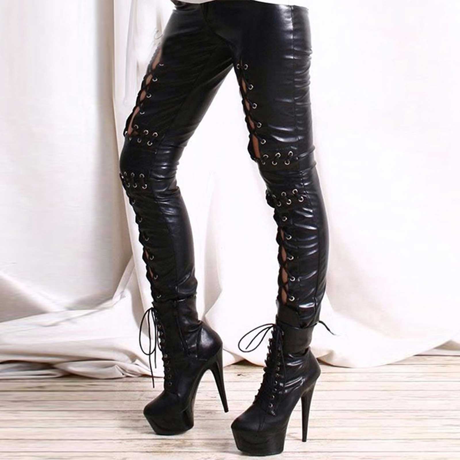 Femmes Punk Rock Faux cuir Leggings gothique évider à lacets crayon pantalon tenue de Club scène Performance pantalon: XL