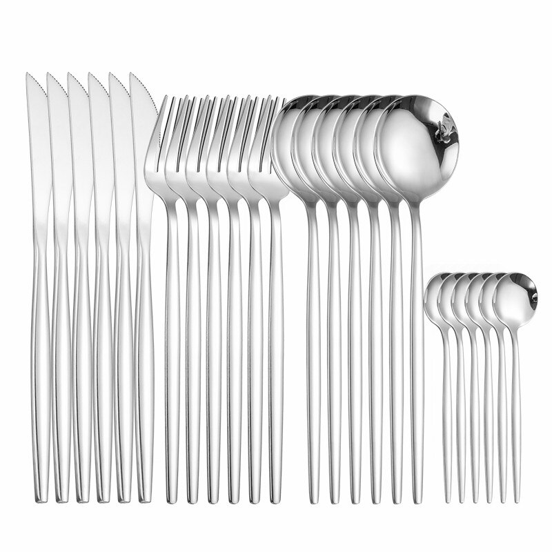 Goud Servies Set 24 Stuk Gouden Bestek Set Roestvrij Staal Servies Sets Bestek Zilverwerk Mes Vork Lepel Box Set: silver 6sets