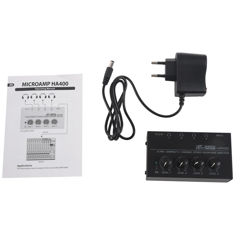 Eu-stekker ,ha400 ultracompacte 4- kanaals mini-audio stereo hoofdtelefoonversterker met voedingsadapter zwart
