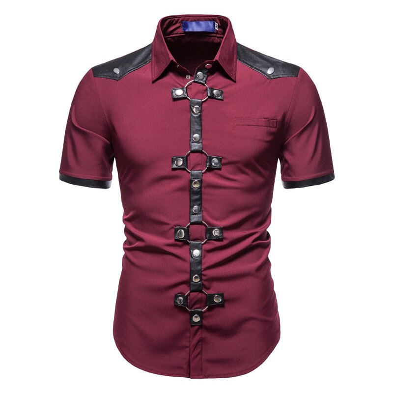 Mens Dress Shirts Short Sleeve Summer Goth Style Rivet Solid Color Social Shirt Homme Men Steampunk Slim Fit Chemise Streetwear: Wine / XL