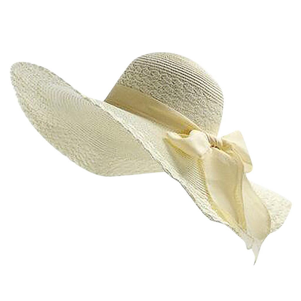Sombreros de paja tejida para mujer, sombreros de ala ancha y flexible, sombrero de playa informal, Sombrero con lazo, gorras de Color liso para mujer: Beige