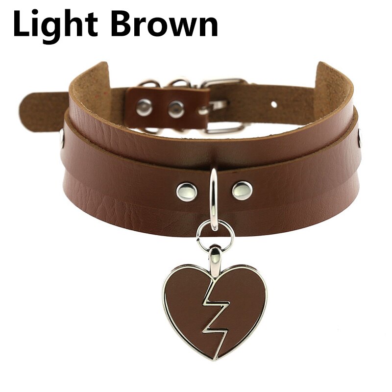 Frauen Männer Charm Herz-Form Anhänger Kragen Choker Halskette Schmuck Breiten Leder Einstellbare Halsband Partei Schmuck Zubehör: Light Brown