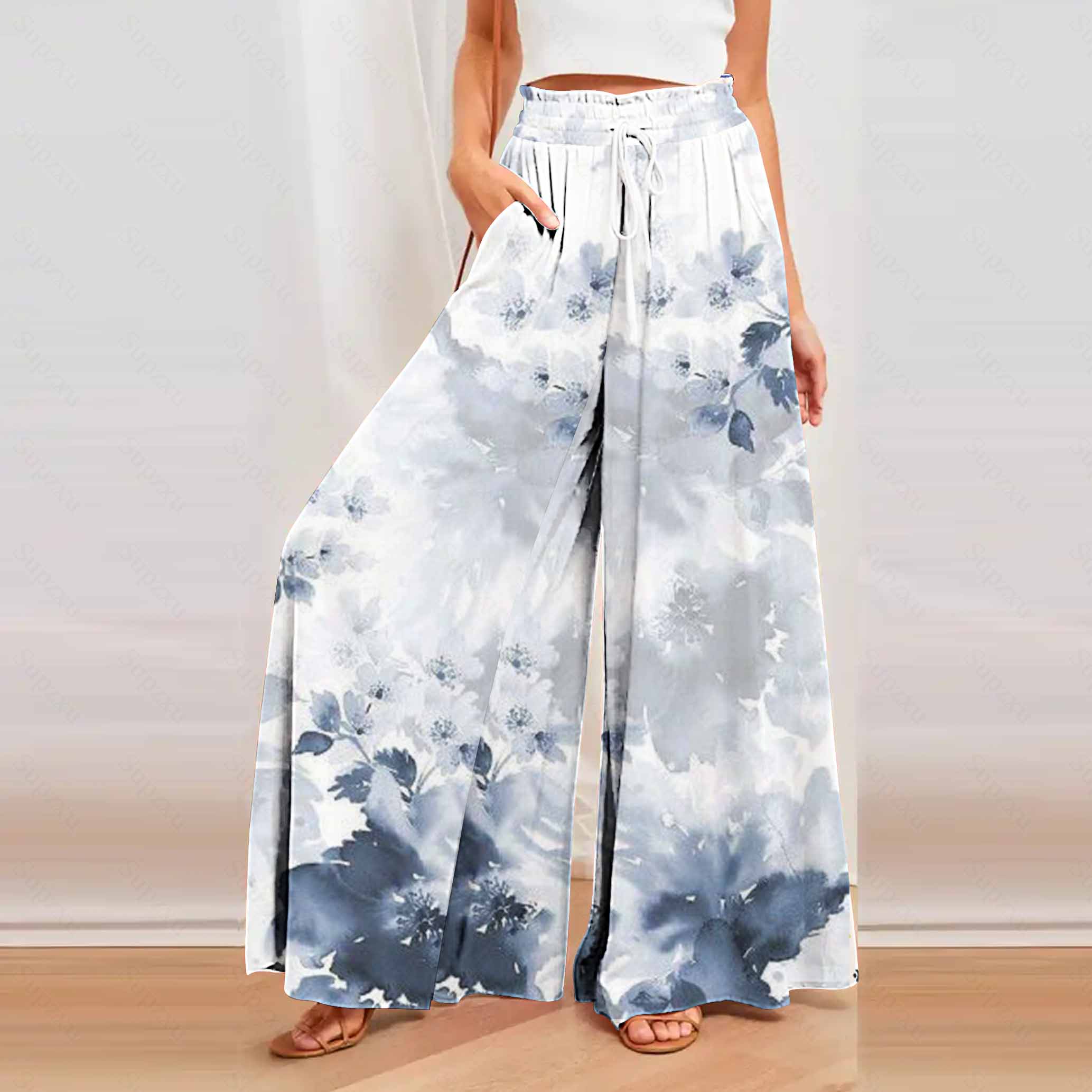 Women's Wide Leg Trousers ZANZEA Kaftan Printed Pants Elastic Waist Long Pantalon Palazzo Casual Floral Turnip Oversized: M / green