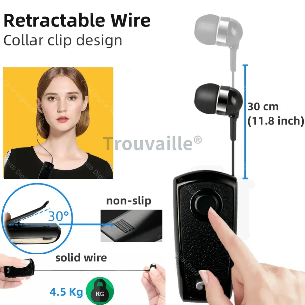 Trouvaille auriculares inalámbricos oreja en loto auriculares Bluetooth auriculares vibratorios auriculares manos libres baratos con cable retráctil