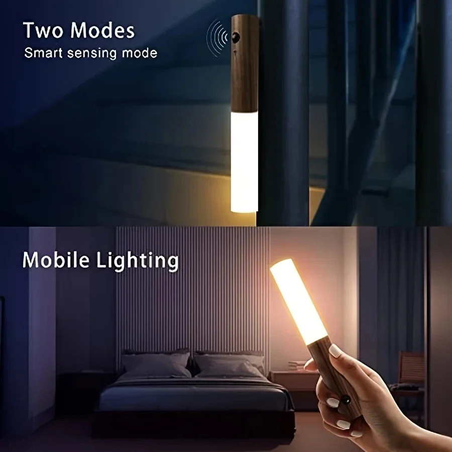 Bevegelsessensor ledet-nattlys oppladbare vegglamper magnetiske vegglamper trevegglampe til soverom trappebordskap