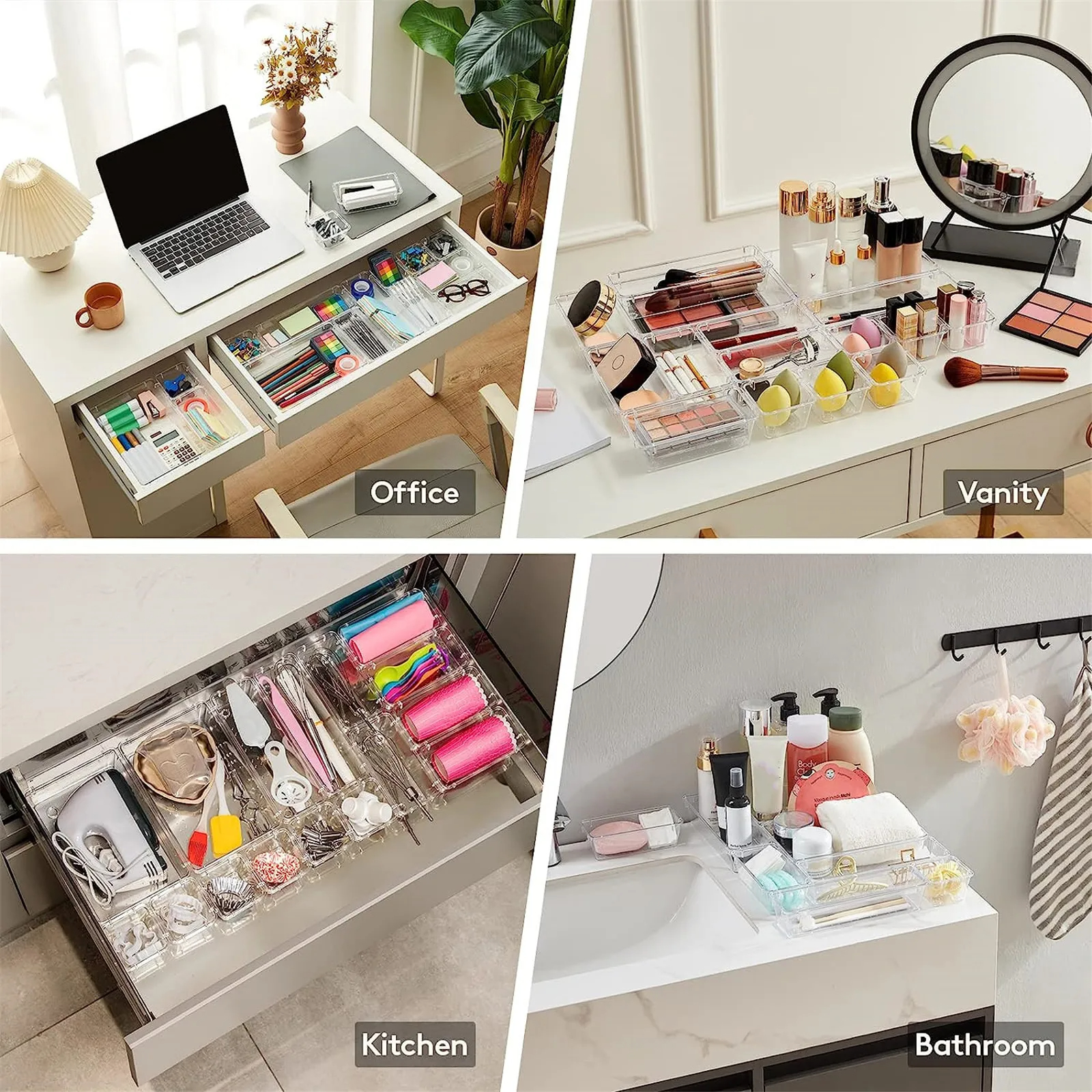 10-delige veelzijdige lade-organizerset - doorzichtige plastic dienbladen en verdelers in 4 maten voor perfecte make-up en keukenopslag