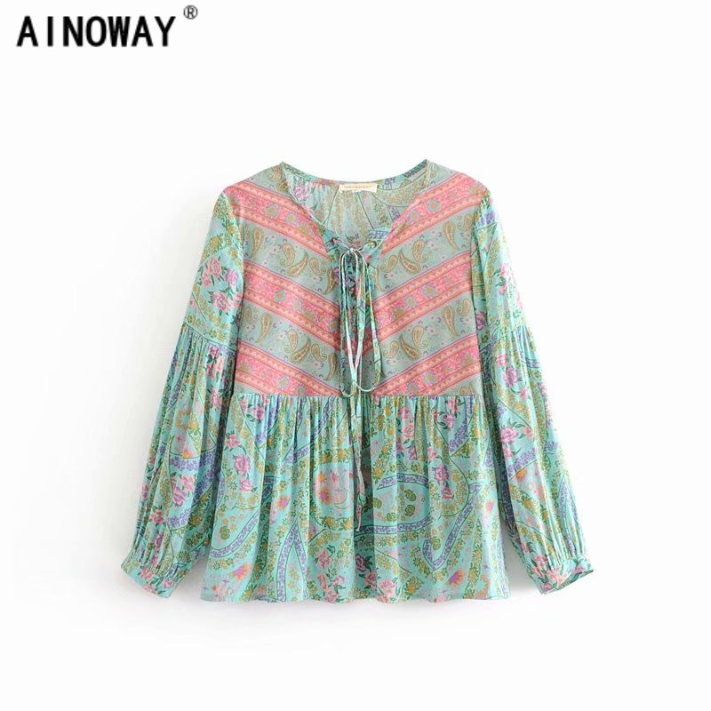Vintage floral estampado Mujer Bohemia blusa cuello pico manga larga tops camisas sueltas boho camisas Feminino de gran tamaño