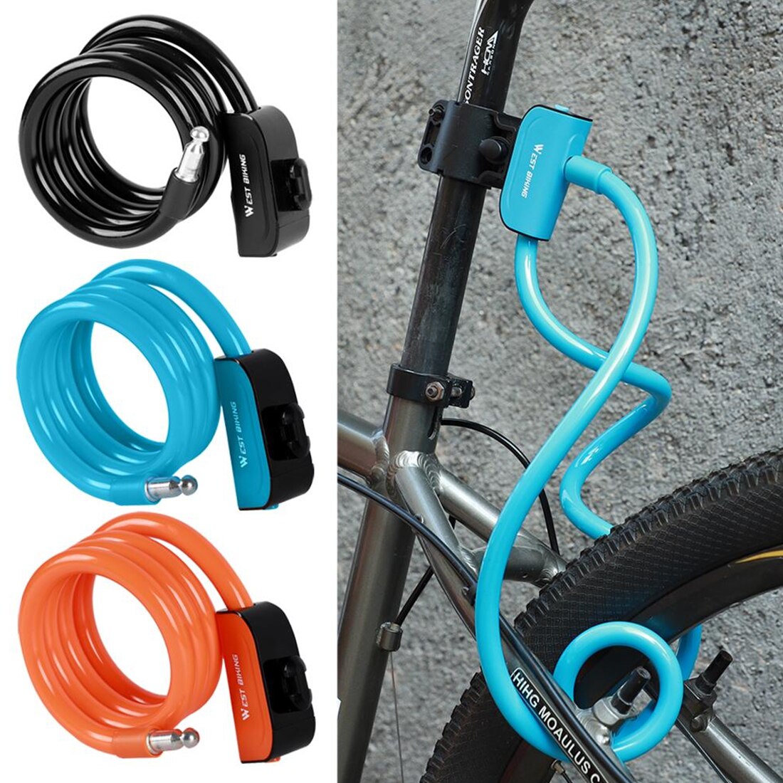 1.2M Bicycle Steel Lock PVC Cable Anti-theft Riding Lock Portable Lengthened Bold Mountain Bike Bike Lock