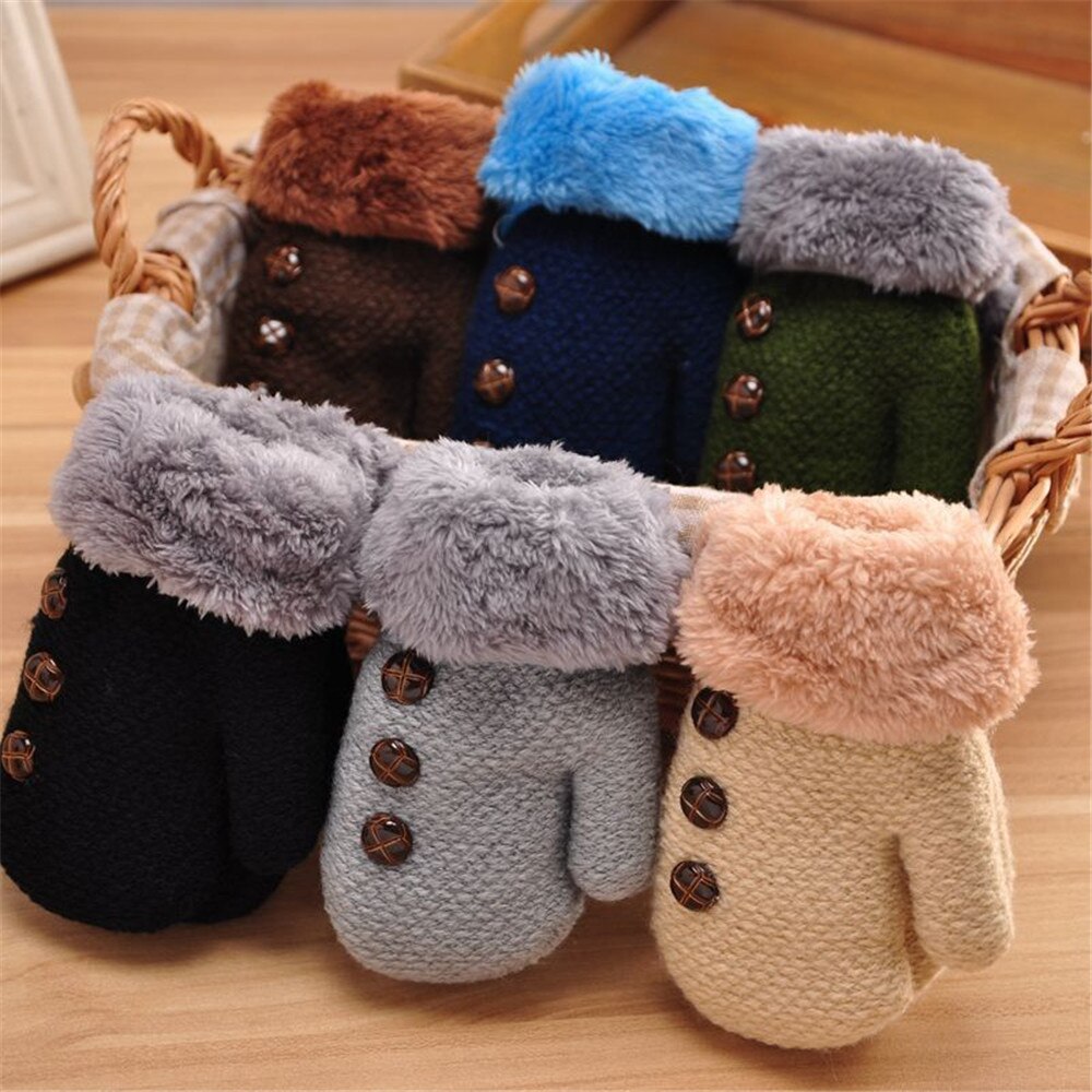 Inverno bebê meninos meninas luvas de dedo cheio crianças luvas de corda de algodão quente crianças tricô botão sólido mittens