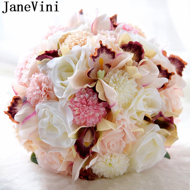 Janevini Elegante Roze Roos Bruiloft Boeket Kunstbloemen Lint Handvat Bridal Broche Diamant Decoratie Bruid Boeket