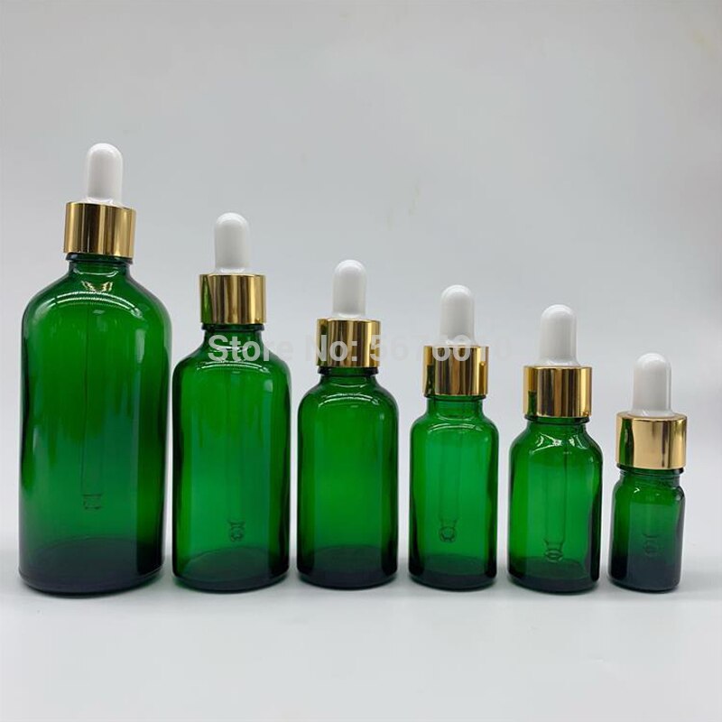 10Pcs/Lot Green Round Glass Refined Lab Oil Bottle with Glass Droppers Golden/Silver Circle for School Experiment