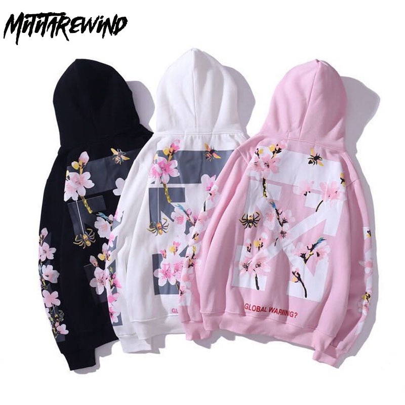Hip Hop High Street Hoodie Men Sweatshirt Peach Flowers Print Hooded Fleece Harajuku White Pullover Couple Oversized Hoodie