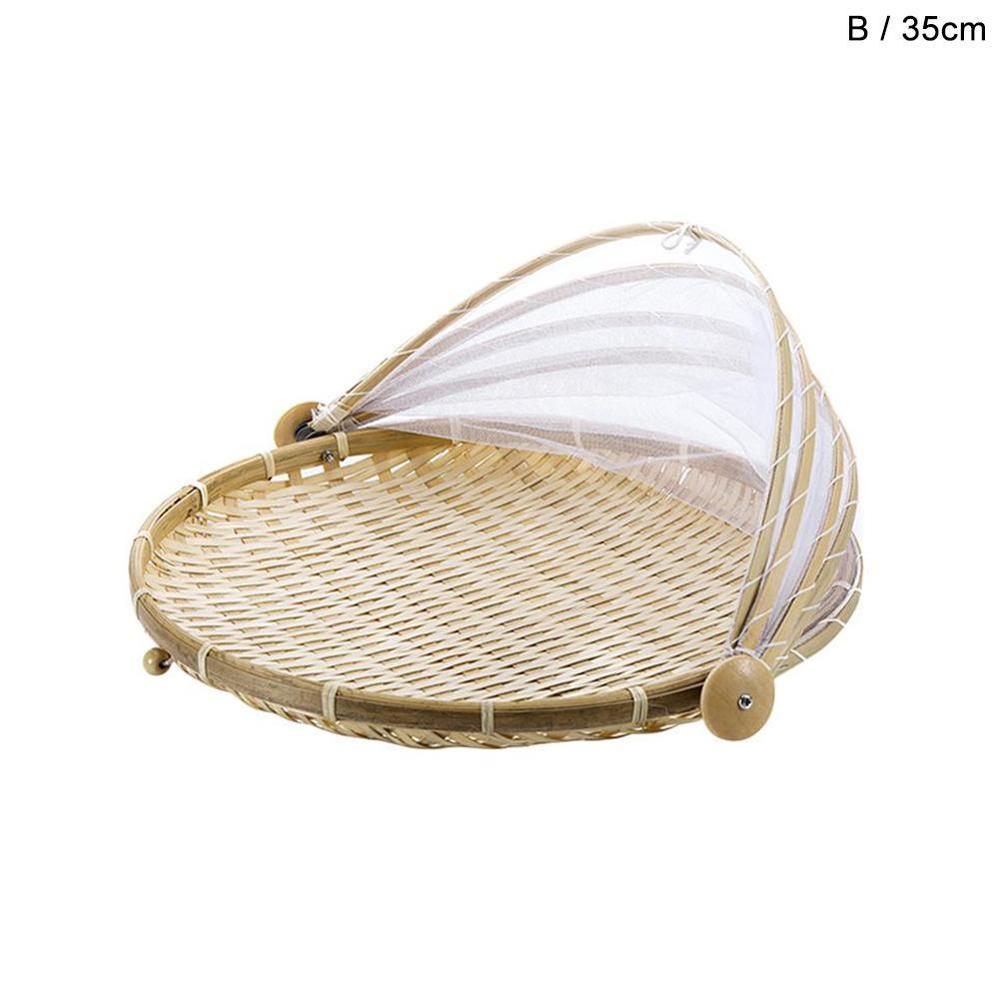 Hand-woven Bamboo Insect-Proof Dust-Proof Basket Picnic Round Dustpan Vegetable Fruit Bread Mesh Gauze Cover Basket: 35cm