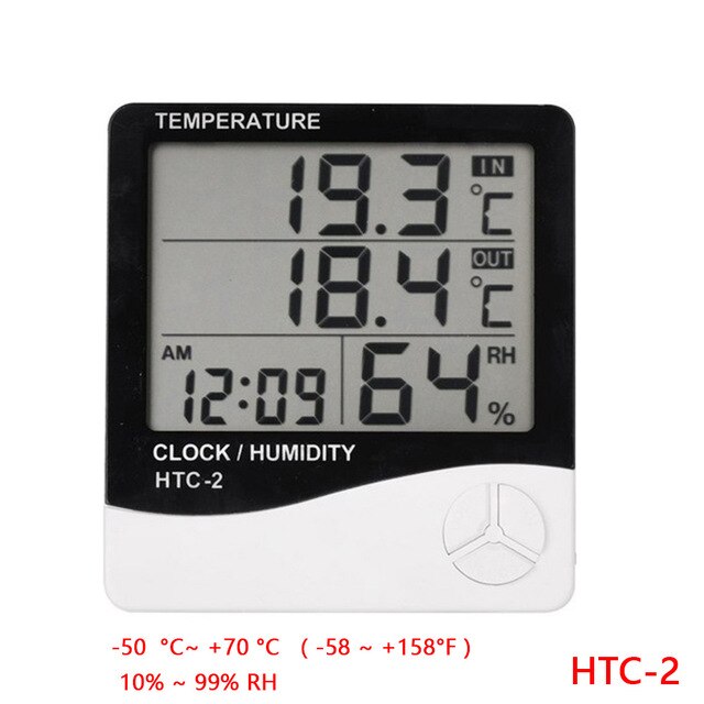Digital LCD Electronic Ambient Thermometer Humidity Meter Hygrometer Weather Station Aquarium Bathroom Indoor With Alarm Clock: HTC-2