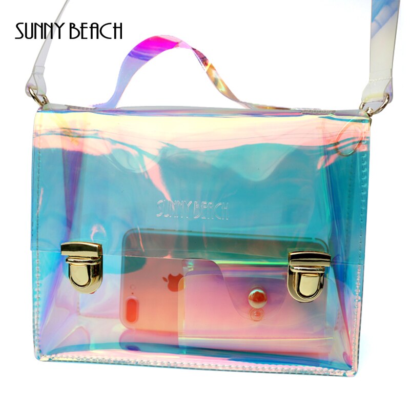 Słoneczny brzeg moda przezroczysty hologram laserowa torba z grubej bawełny kobiet torba holograficzna tornister szkolny PVC przezroczysta torba na plażę