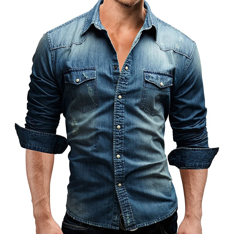 Menn casual denim skjorter merkevare langermet skjorte herre ensfarget slim fit dress skjorter camisa masculina streetwear topper