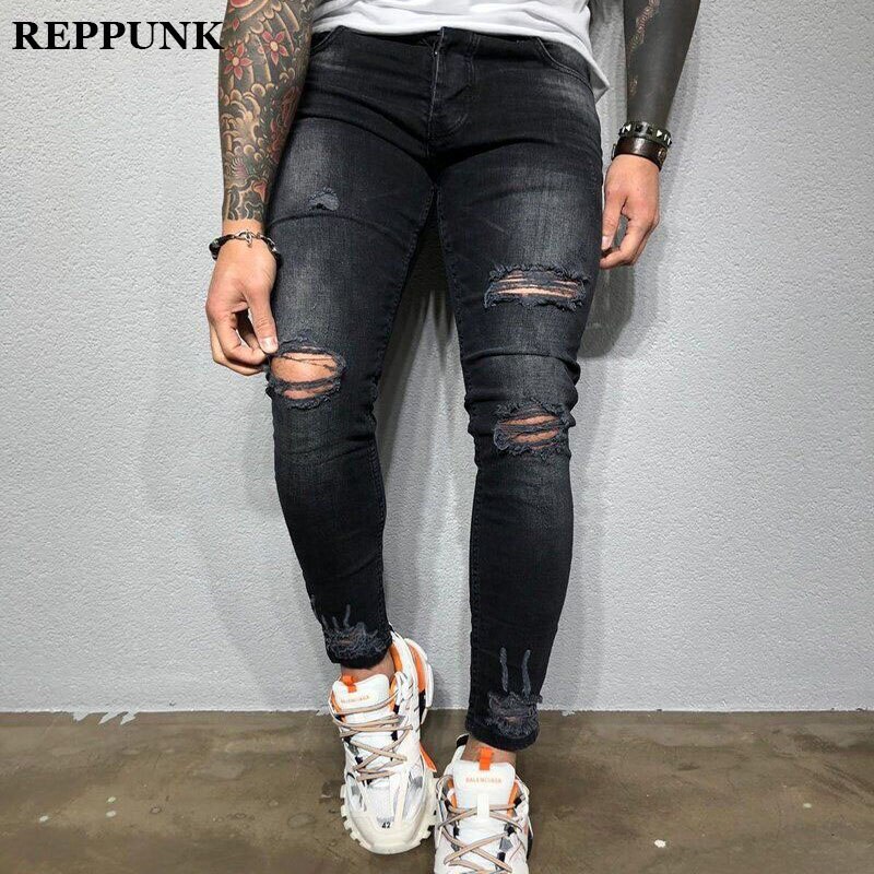 Reppunk svart stretch skinny fit jeans herr knä slitna nödställda hål biker jeans byxor hip hop street stor storlek xxxl