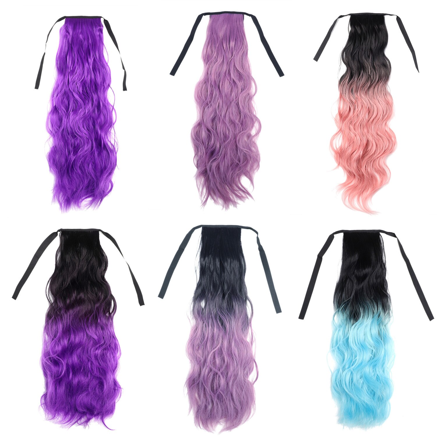 Ponytail Colorful Ombre Synthetic Ribbon Clip in Women Hair Extension Wavy Curly Hairpiece Pony Tail Blue Pink Purple Hairstyle