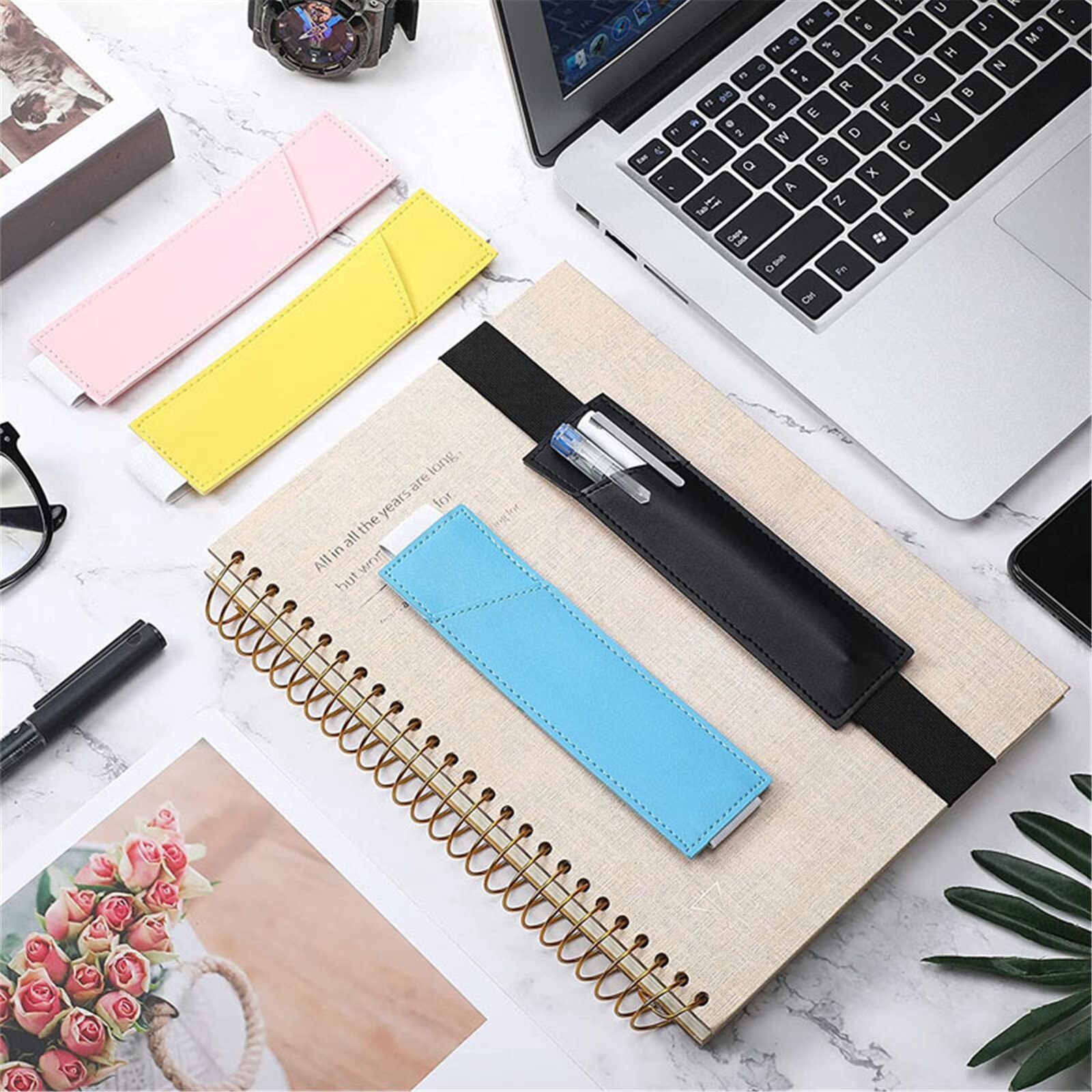 Porte-stylo réglable en cuir PU coloré, élastique, détachable, 8-1.5 pouces