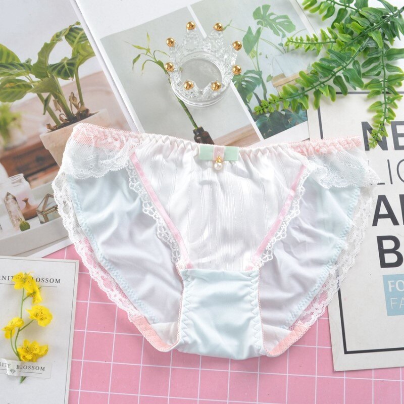 Leechee Japanese Girl Lace Panties Pearl Mercerized Milk Silk Underwear Bow Knot Cute Shorts Low Waist Breathable Women Briefs: light blue / XL
