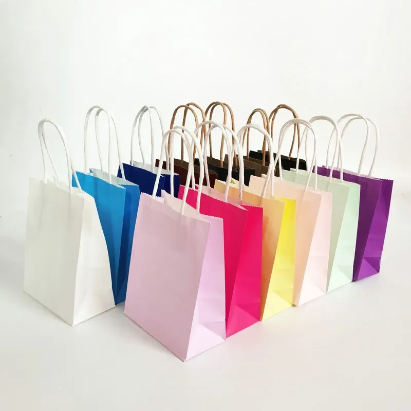 6/12pcs Mini Small Kraft Paper Bag with Handles Festival Bag Candy Shopping Bags