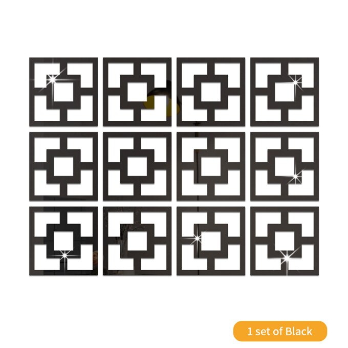 Espejo hueco cuadrado para pared, pegatina de papel tapiz para decoración de sala de estar, dormitorio, bricolaje, calcomanía de espejo acrílico, 28x28cm x 12 Uds.: Black