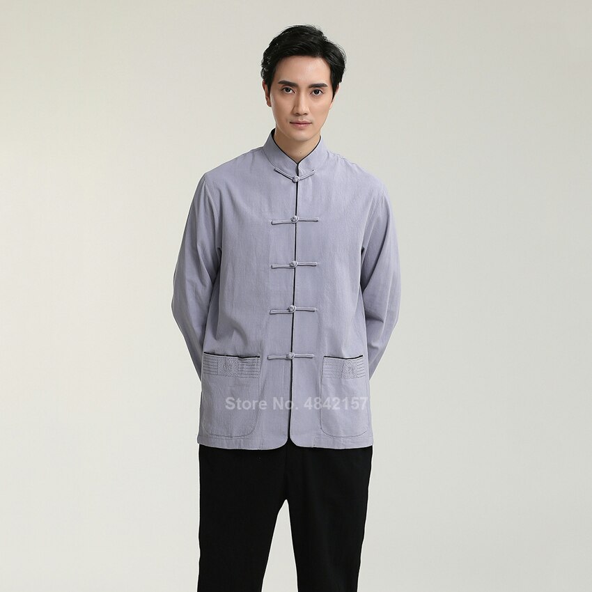 Tops Hanfu de estilo chino para hombres, traje Tang de manga larga de lino, chaqueta, uniforme de Tai Chi, ropa Wushu, camisas Vintage, cuello levantado