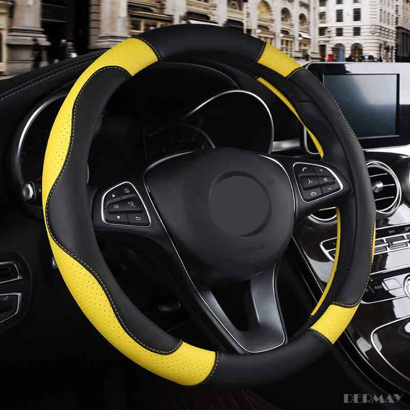 DERMAY Sport Style Contrast Color Non-slip Sweat Good Breathable PU Leatherette 15 Inch Car Steering Wheel Cover: Yellow